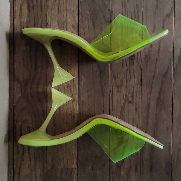 New! Neon Green Transparent Clear Slides Mules Sandals Structured Heels - Picture 2 of 8